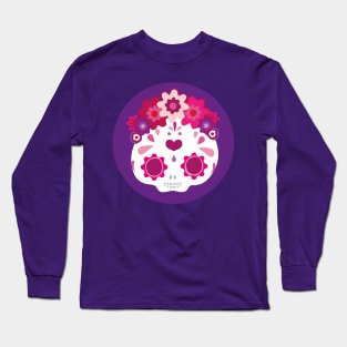 Kawaii mexican sugar skull adorable pink flower headband cute purple day of the dead Long Sleeve T-Shirt